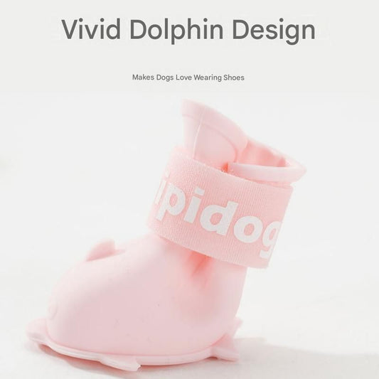 Blue L size Waterproof Dog Rain Boots Set of 4 - Cartoon Dolphin Design Shape PVC Pet Shoes with Adjustable V888-ELOSUNG53244