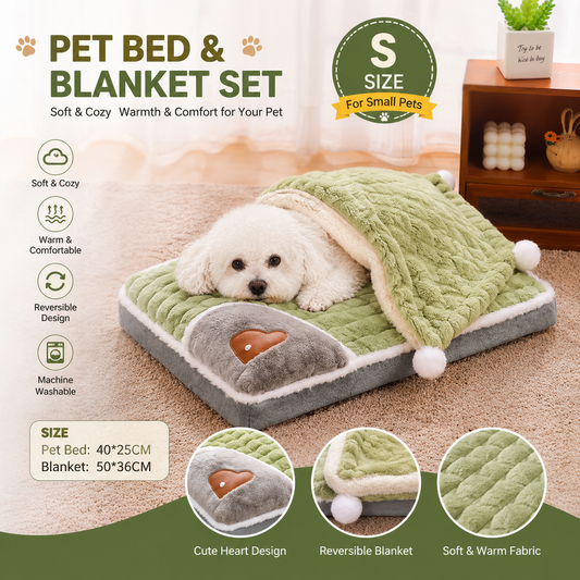 2-piece S size Green Pet Winter Comfort Bundle - 50*36cm Plush Pet Blanket and 40*25cm Thickened Pet Sleeping V888-ELOSUNG53277