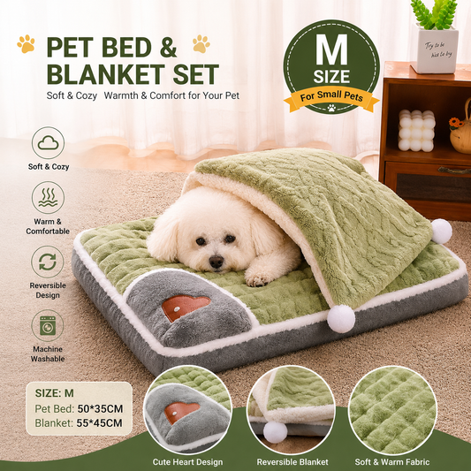 2-piece M size Green Pet Winter Comfort Bundle - 55*45cm Plush Pet Blanket and 50*35cm Thickened Pet Sleeping V888-ELOSUNG53278