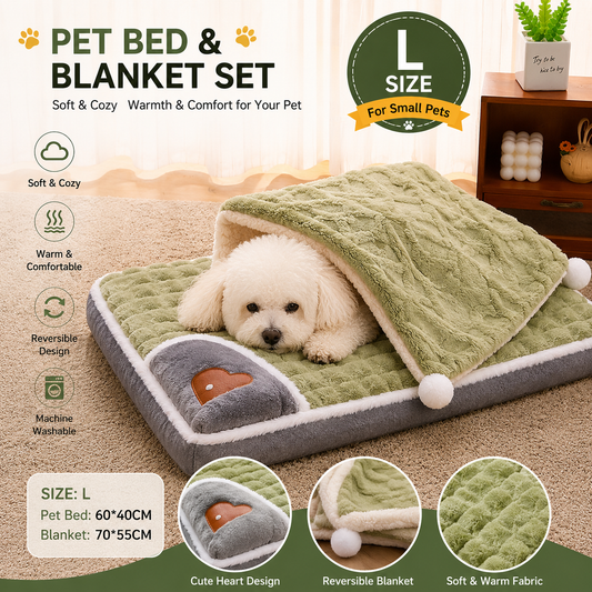 2-piece L size Green Pet Winter Comfort Bundle - 70*55cm Plush Pet Blanket and 60*40cm Thickened Pet Sleeping V888-ELOSUNG53279