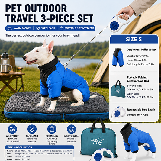 3-Piece Blue Winter Pet Outdoor Travel Set - blue s size Reflective Dog Puffer Jacket, blue 3m Retractable V888-ELOSUNG53306