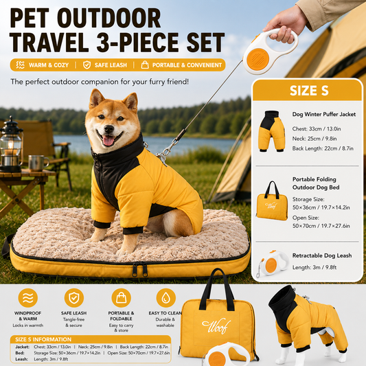 3-Piece Yellow Winter Pet Outdoor Travel Set - yellow s size Reflective Dog Puffer Jacket, orange 3m V888-ELOSUNG53308