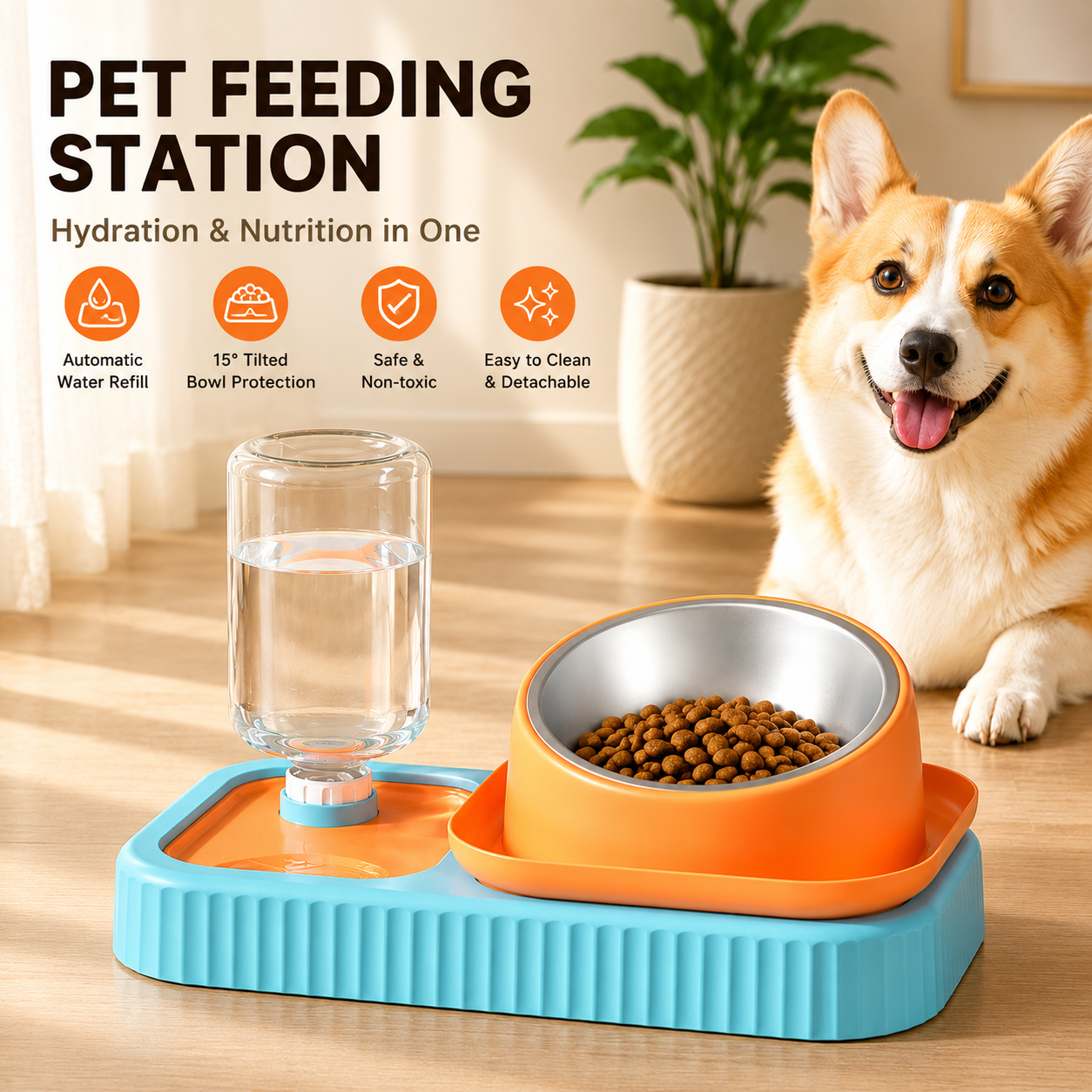 Blue and Orange Cat & Dog Feeding Station with Water Dispenser - Elevated Stainless Steel Pet Bowl Set with V888-ELOSUNG53316