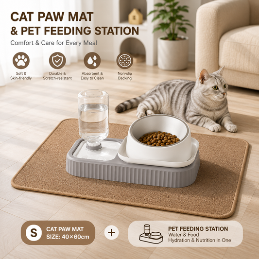 2 pcs Grey and White Cat Feeding Station with Water Dispenser & Slow Feeder Bowl Plus Cat Scratching Mat Set V888-ELOSUNG53322