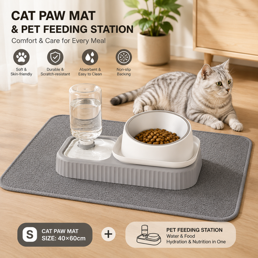 2 pcs Grey and White Cat Feeding Station with Water Dispenser & Slow Feeder Bowl Plus Cat Scratching Mat Set V888-ELOSUNG53323