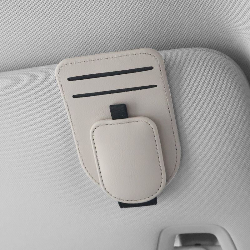 Beige Car Sun Visor Eyeglasses Holder Magnetic Glasses Clip with Card Storage Multifunction Auto Sunglasses V888-ELOSUNG53326