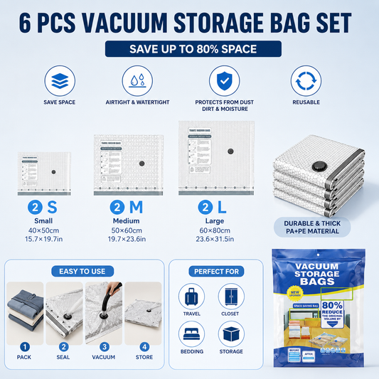 6-piece Travel Vacuum Storage Bags Set for Clothes and Bedding, Space Saving Compression Bags for Suitcases, V888-ELOSUNG53330