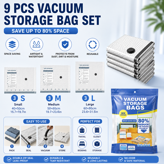 9-piece Travel Vacuum Storage Bags Set for Clothes and Bedding, Space Saving Compression Bags for Suitcases, V888-ELOSUNG53331