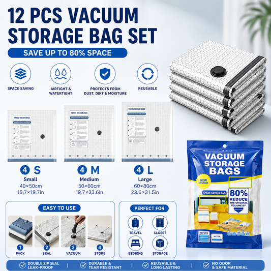 12-piece Travel Vacuum Storage Bags Set for Clothes and Bedding, Space Saving Compression Bags for Suitcases, V888-ELOSUNG53332