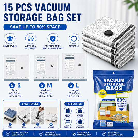 15-piece Travel Vacuum Storage Bags Set for Clothes and Bedding, Space Saving Compression Bags for Suitcases, V888-ELOSUNG53333