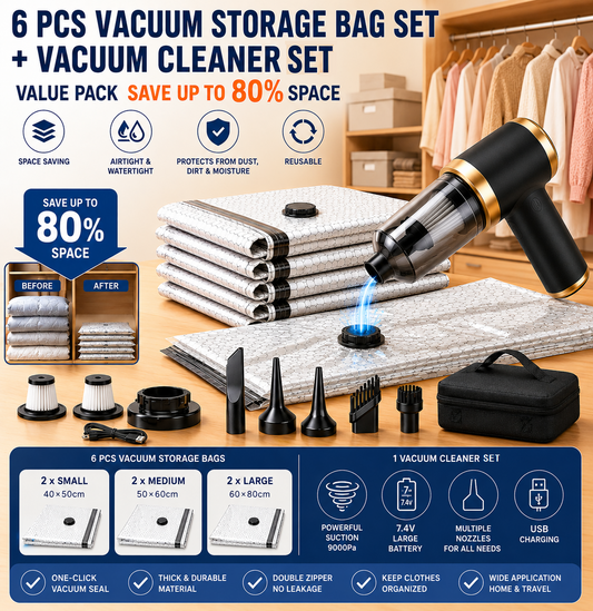 Portable Cordless Handheld Vacuum Cleaner & 6-piece Vacuum Storage Bag Set, 4-in-1 Air Duster, Vacuum Pump V888-ELOSUNG53335