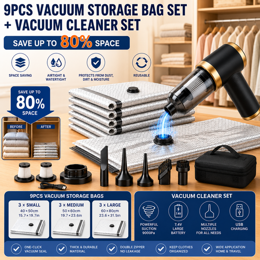 Portable Cordless Handheld Vacuum Cleaner & 9-piece Vacuum Storage Bag Set, 4-in-1 Air Duster, Vacuum Pump V888-ELOSUNG53336