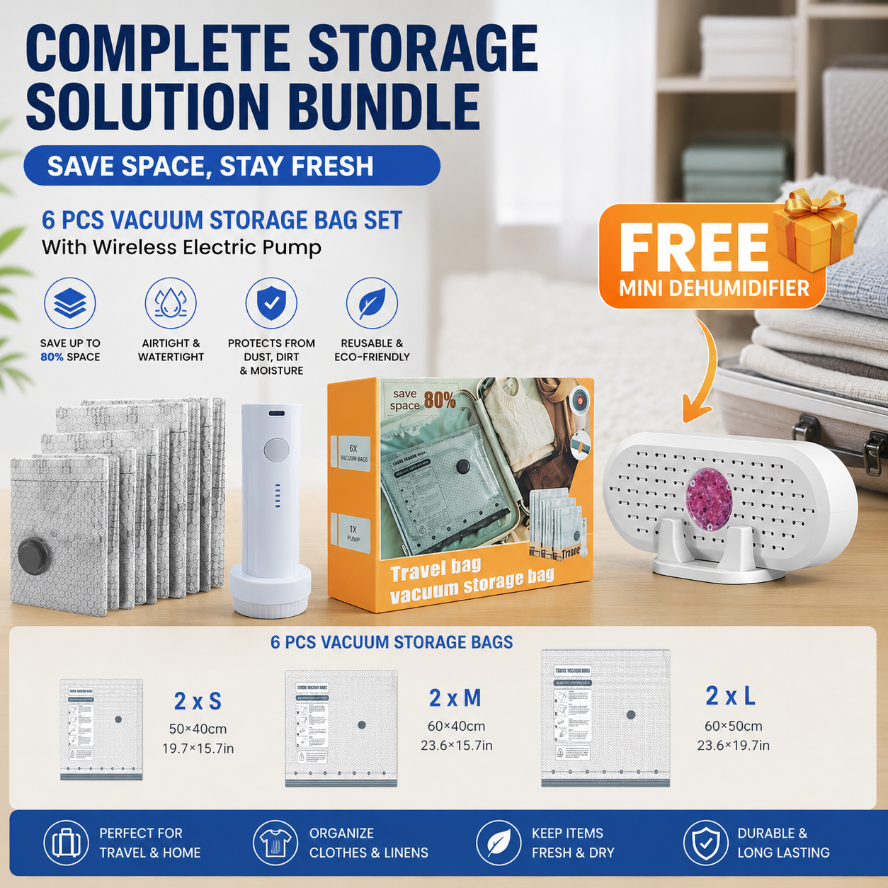 6 Pack Vacuum Storage Bags and Wireless Electric Pump and Renewable Mini Dehumidifier Bundle, Travel V888-ELOSUNG53339
