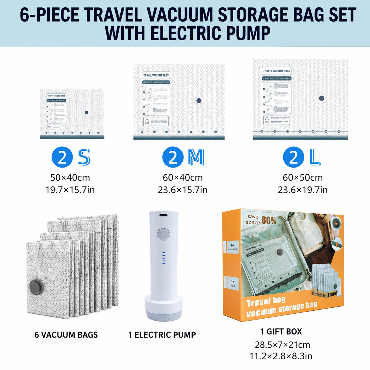6 Pack Vacuum Storage Bags and Wireless Electric Pump and Renewable Mini Dehumidifier Bundle, Travel V888-ELOSUNG53339