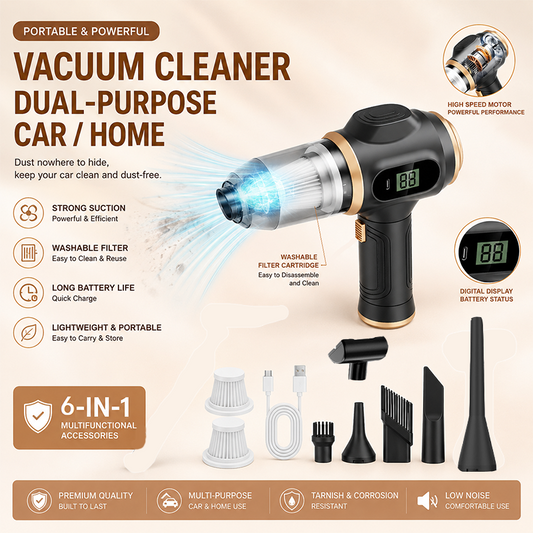 8-piece Black Handheld Cordless Vacuum Cleaner & Air Duster 2-in-1(2 x 1500mAh), Portable Car and Home V888-ELOSUNG53351