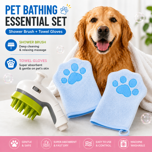 3-piece Pet Grooming Bathing Kit with 2 pack Blue Pet Drying Glove Towel and White Pet Shower Sprayer Brush V888-ELOSUNG53364