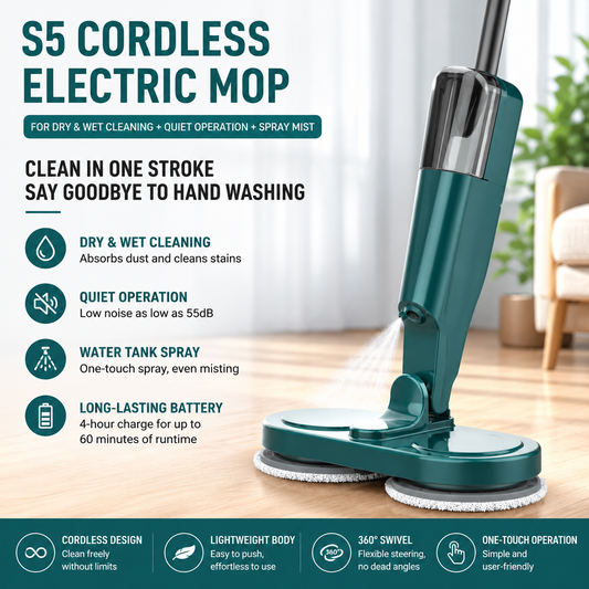 S5 Green Cordless Electric Spin Mop with Spray Function USB Rechargeable Floor Cleaner - Dual Rotating Mop V888-ELOSUNG53366