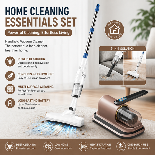 2-piece Home Cleaning Bundle - Golden UV Mattress Mite Vacuum Cleaner & White Cordless Handheld Stick Vacuum V888-ELOSUNG53369