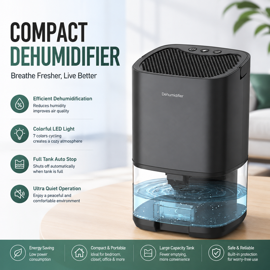 Black Mini Quiet Dehumidifier for Bedroom - 1000ml Water Tank Portable Home Moisture Absorber with Air V888-ELOSUNG53372