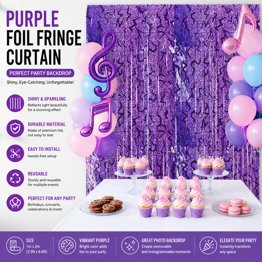 5 pcs Purple Lightning Tinsel Curtain Backdrop - Shimmer Foil Fringe Party Decoration for Birthday, Music V888-ELOSUNG53373