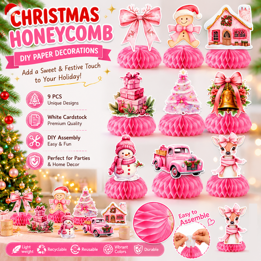 9 pcs Pink Christmas Honeycomb Table Centrepiece Set - 3D Paper Decorations with Reindeer and Snowman Designs V888-ELOSUNG53374