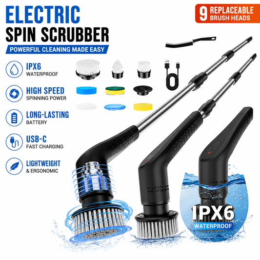 Black 9 piece replaceable cleaning brush heads Electric Spin Scrubber with Extendable Handle - Cordless V888-ELOSUNG53377
