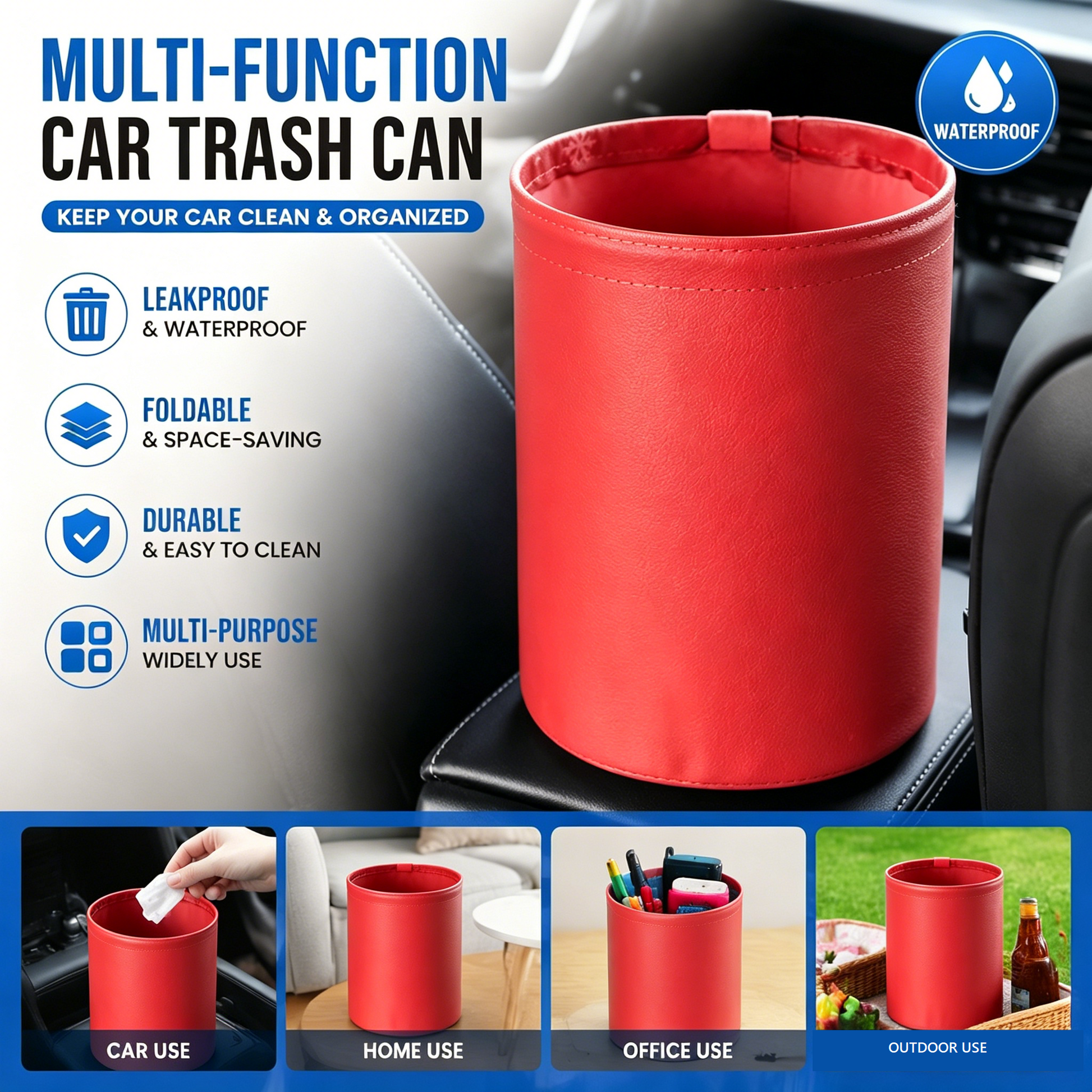 Red Car Trash Can - Foldable Dual-Layer Waterproof Car Garbage Bin , Space-Saving, Easy Clean, Portable V888-ELOSUNG53382