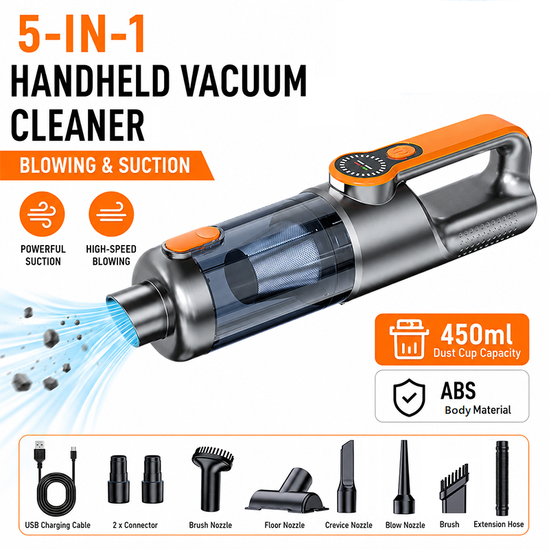 Silver and Orange Cordless Handheld Vacuum Cleaner 17000Pa High Suction Portable Rechargeable 5 in 1 Car Home V888-ELOSUNG53391