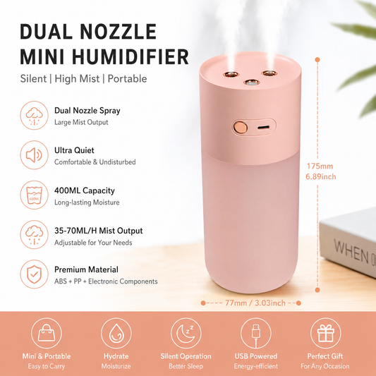 Pink Dual Spray USB Humidifier with Warm LED Night Light - 400ml Mini Portable Desk and Car Humidifier, Quiet V888-ELOSUNG53394