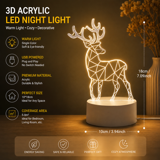 Reindeer style Creative Acrylic LED Night Light - Warm White Ambient Table Lamp, Decorative Desktop Mood V888-ELOSUNG53396