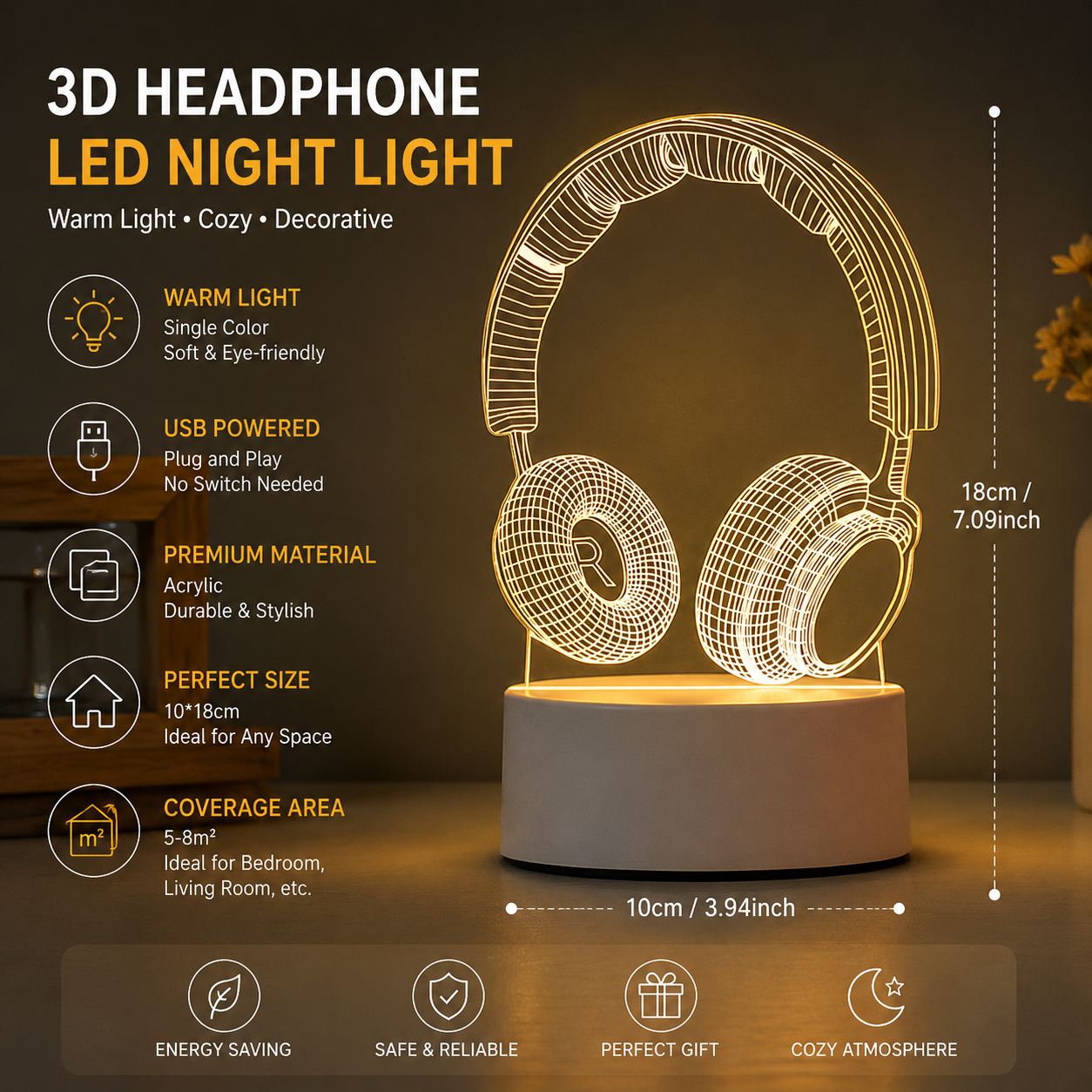 Headphone version Creative Acrylic LED Night Light - Warm White Ambient Table Lamp, Decorative Desktop Mood V888-ELOSUNG53398