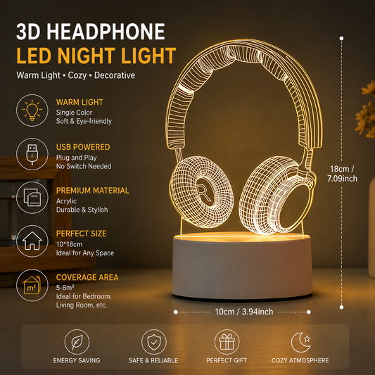 Headphone version Creative Acrylic LED Night Light - Warm White Ambient Table Lamp, Decorative Desktop Mood V888-ELOSUNG53398