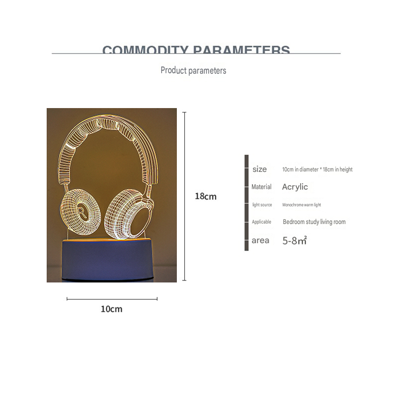Headphone version Creative Acrylic LED Night Light - Warm White Ambient Table Lamp, Decorative Desktop Mood V888-ELOSUNG53398