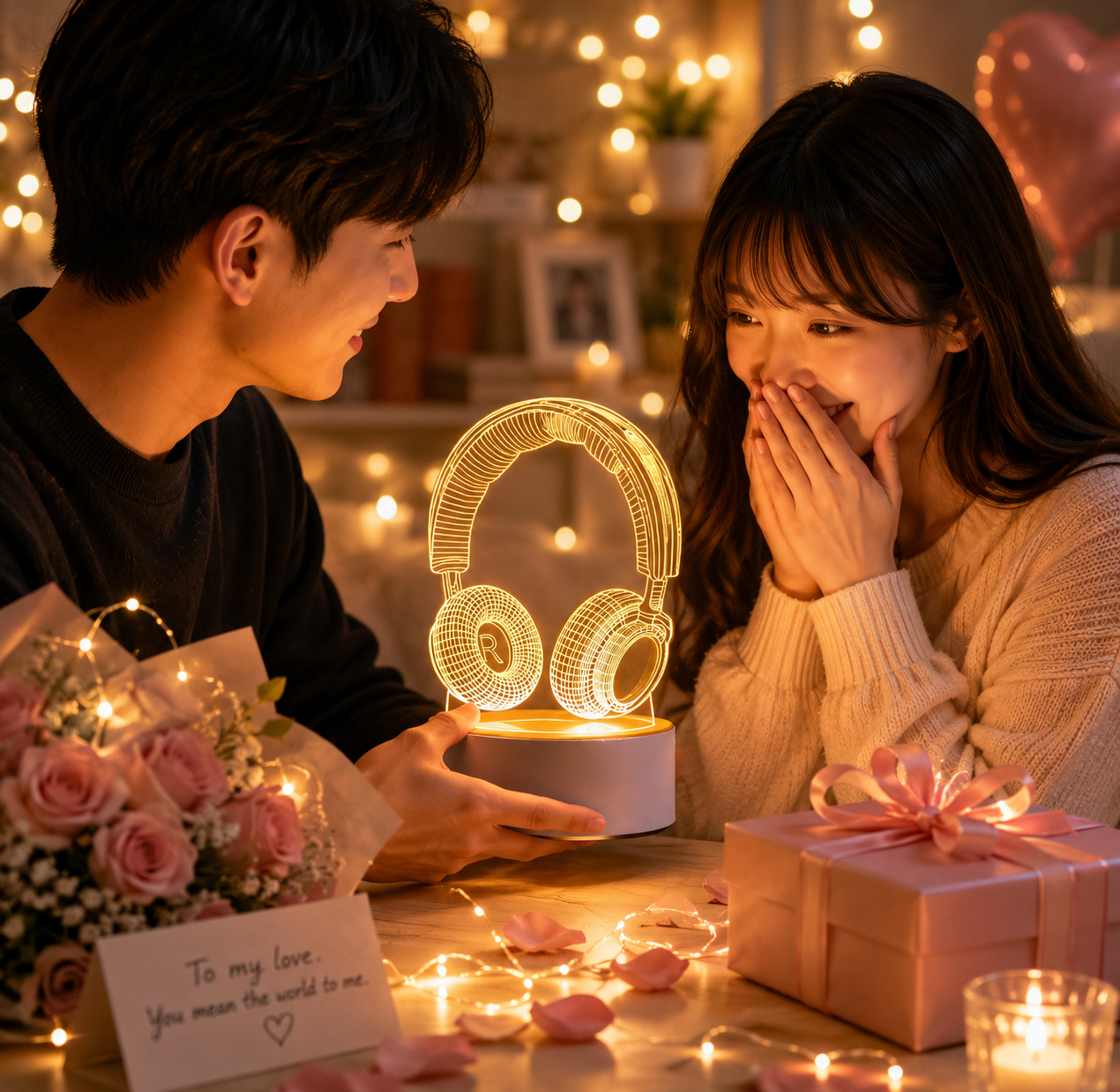 Headphone version Creative Acrylic LED Night Light - Warm White Ambient Table Lamp, Decorative Desktop Mood V888-ELOSUNG53398