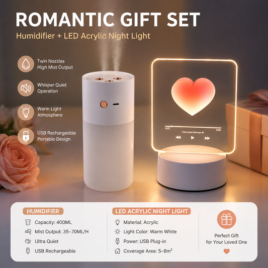 Creative Romantic Home Gift Set - White Dual Spray USB Humidifier with Warm LED Night Light and White Acrylic V888-ELOSUNG53399