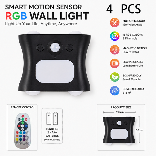 4 pcs Black Motion Sensor Wall Light, Rechargeable Magnetic LED Ambient Wall Lamp with Remote Control, 16 V888-ELOSUNG53406