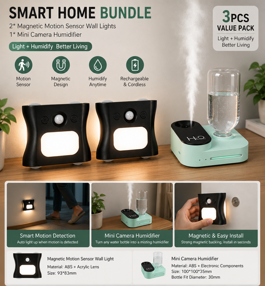 3PCS Smart Home Atmosphere Set - Green USB Rechargeable Camera Humidifier & 2pcs Black RGB Motion Sensor Wall V888-ELOSUNG53414