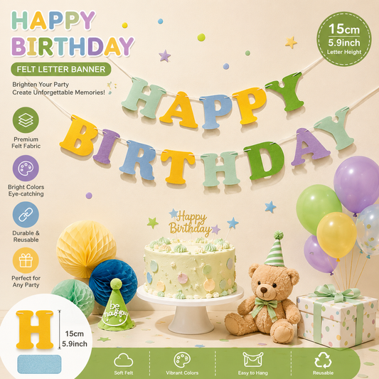 Blue and Green Happy Birthday Felt Banner Garland, Reusable Birthday Party Hanging Decoration, Colorful V888-ELOSUNG53420