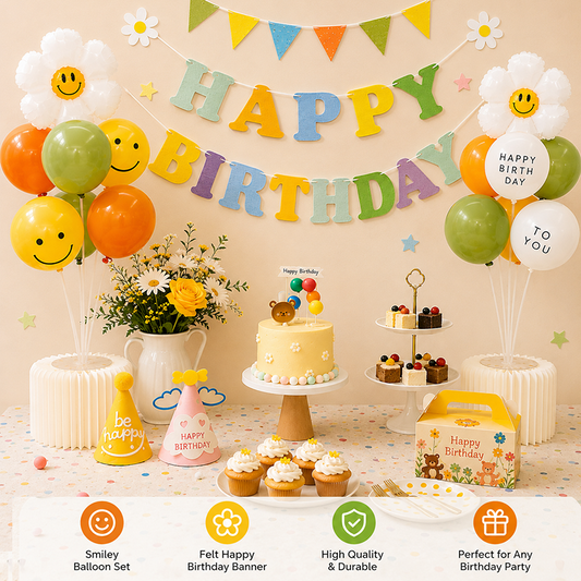 3-pcs Birthday Party Decoration Set with 2-pack Smiley Daisy Balloon Centerpieces & Blue and Green Happy V888-ELOSUNG53423