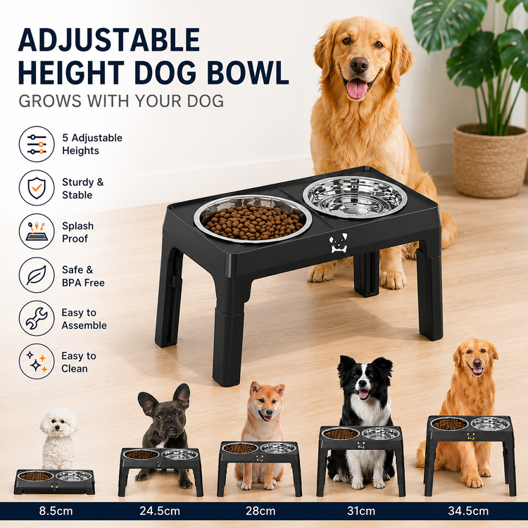 Black Adjustable Elevated Dog Bowl Stand with Stainless Steel Double Bowls, Foldable Raised Pet Feeding V888-ELOSUNG53426