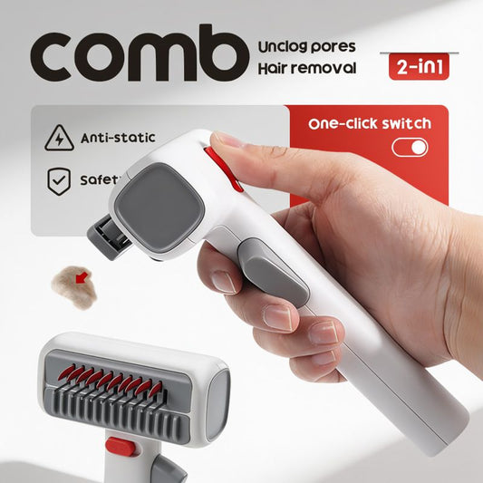 White and Grey 2-in-1 Pet Dematting & Deshedding Grooming Comb, Self-Cleaning Dog and Cat Brush with V888-ELOSUNG53427
