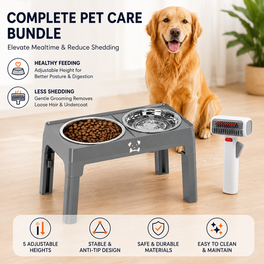 Pet Care Bundle Set - Grey Adjustable Elevated Double Dog Bowl & White and Grey 2-in-1 Self-Cleaning Pet V888-ELOSUNG53428