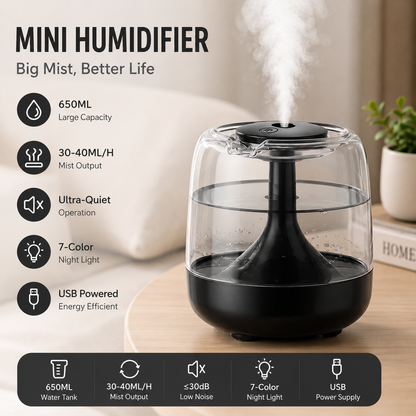 Black 650ML USB Mini Humidifier with Aromatherapy Function, Cool Mist Air Humidifier for Bedroom, Home V888-ELOSUNG53433