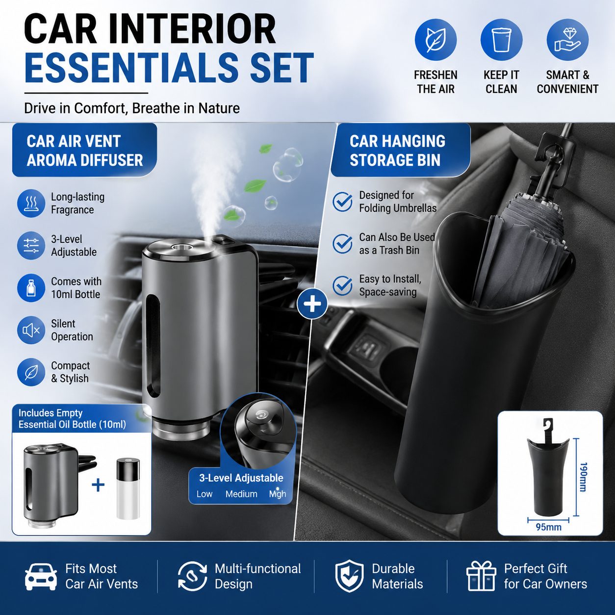 2 pcs Car interior essentials set-Grey Car Air Vent Aroma Diffuser &Black Hanging Storage Bin- hanging V888-ELOSUNG53448