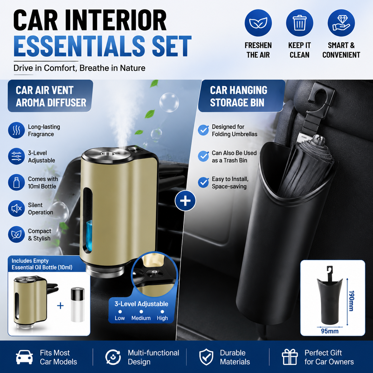 2 pcs Car interior essentials set-Golden Car Air Vent Aroma Diffuser &Black Hanging Storage Bin- hanging V888-ELOSUNG53449