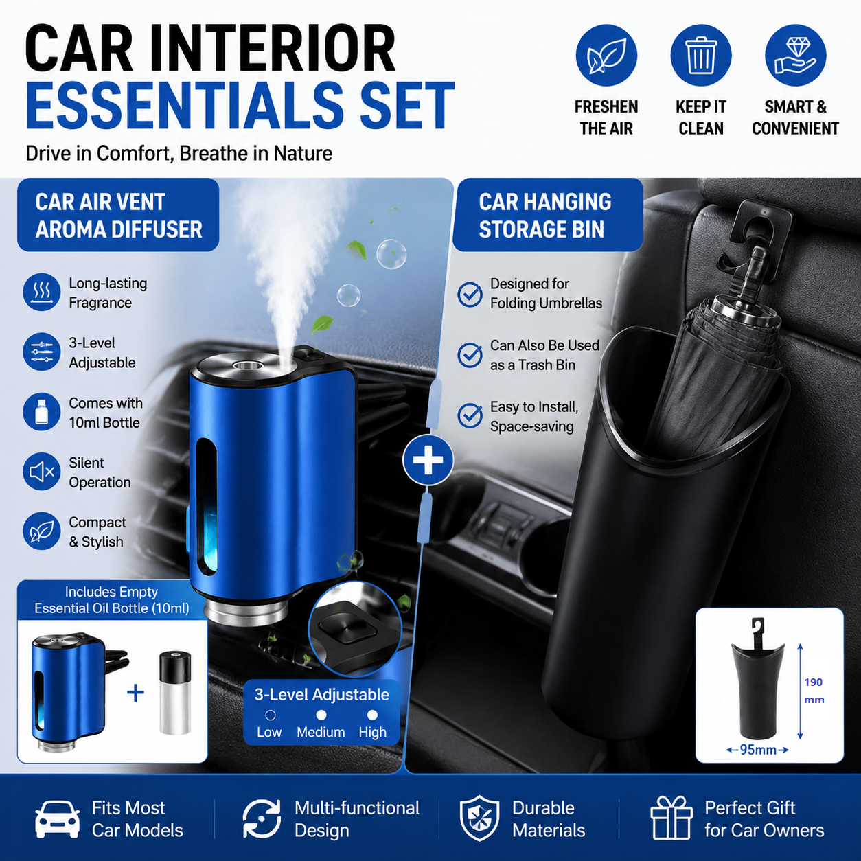 2 pcs Car interior essentials set-Blue Car Air Vent Aroma Diffuser &Black Hanging Storage Bin- hanging V888-ELOSUNG53450