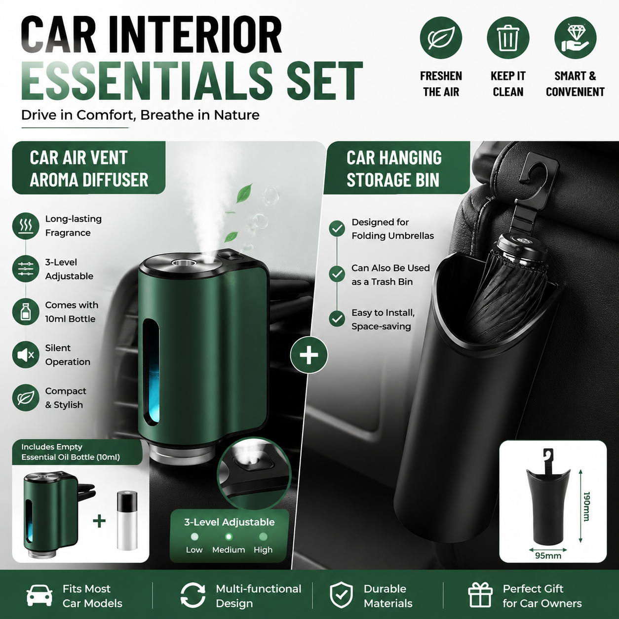 2 pcs Car interior essentials set-Green Car Air Vent Aroma Diffuser &Black Hanging Storage Bin- hanging V888-ELOSUNG53451