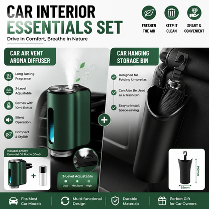2 pcs Car interior essentials set-Green Car Air Vent Aroma Diffuser &Black Hanging Storage Bin- hanging V888-ELOSUNG53451