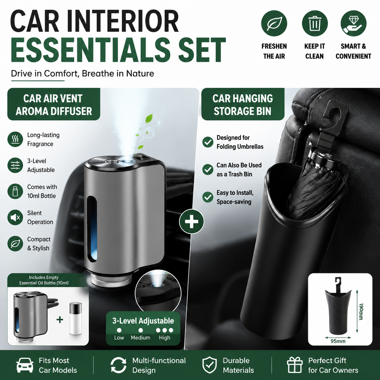 2 pcs Car interior essentials set-Silvery Car Air Vent Aroma Diffuser & Black Hanging Storage Bin- hanging V888-ELOSUNG53452