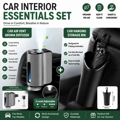 2 pcs Car interior essentials set-Silvery Car Air Vent Aroma Diffuser & Black Hanging Storage Bin- hanging V888-ELOSUNG53452